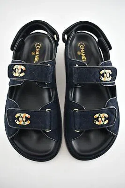 Pre-owned Chanel 21a Blue Velvet Denim Cc Logo Mule Slide Strap Flat Teva Dad Sandal 41