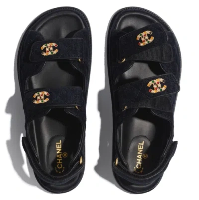 Pre-owned Chanel 21a Blue Velvet Denim Cc Logo Mule Slide Strap Flat Teva Dad Sandal 41