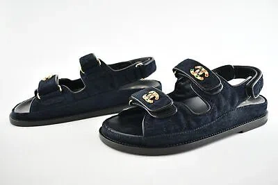 Pre-owned Chanel 21a Blue Velvet Denim Cc Logo Mule Slide Strap Flat Teva Dad Sandal 41