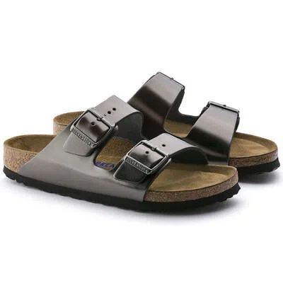 Pre-owned Birkenstock Women's Arizona Soft Footbed Metallic Anthracite Leather (regular Wi