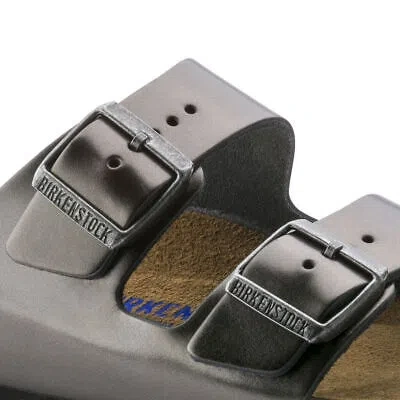 Pre-owned Birkenstock Women's Arizona Soft Footbed Metallic Anthracite Leather (regular Wi