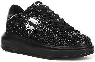 Pre-owned Karl Lagerfeld Kapri Nft Lace Glitter Platform Womens Sneakers Black Us 5 - 11