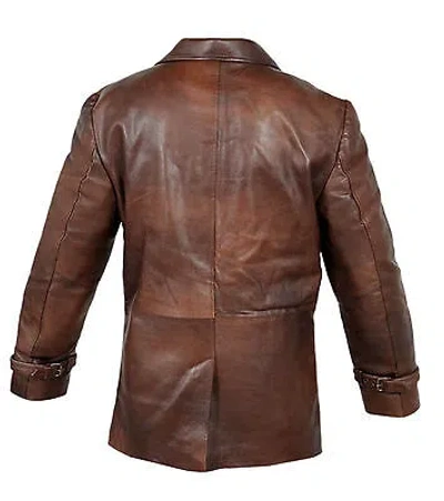 Pre-owned Handmade Vintage Men Real Leather Pea Coat Brown Distressed Cow Hide Jacket Uk