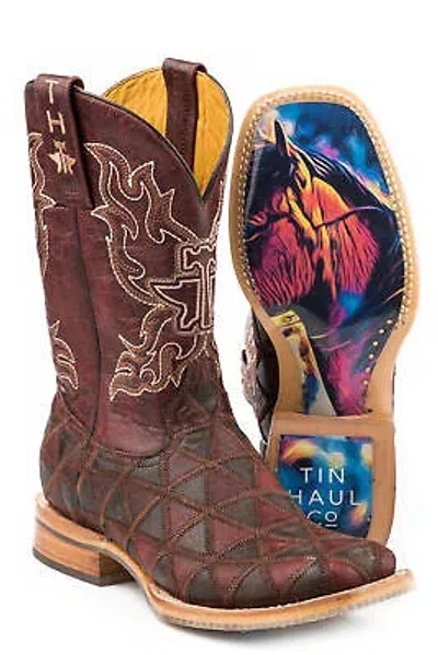 Pre-owned Tin Haul Womens Burgundy Leather A Cute Angle Cowboy Boots In Red