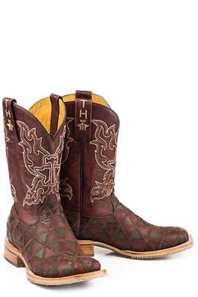 Pre-owned Tin Haul Womens Burgundy Leather A Cute Angle Cowboy Boots In Red