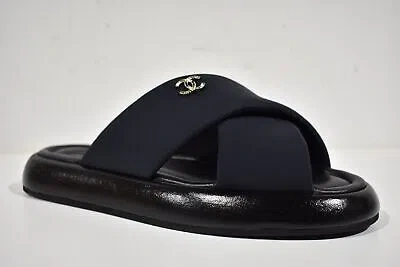 Pre-owned Chanel Rev Black Fabric Criss Cross Puffy Cc Logo Slide Mule Sandal Flop Flat 38