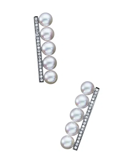 Shop Tasaki 18kt White Gold Colleciton Line Balance Plus Diamonds Pavé Earrings In Silver