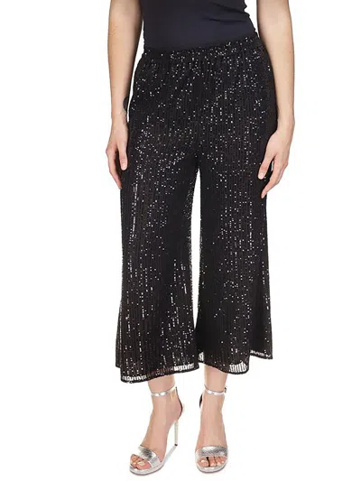 Michael Michael Kors Petites Womens Sequined Wide Leg Cropped Pants In Black