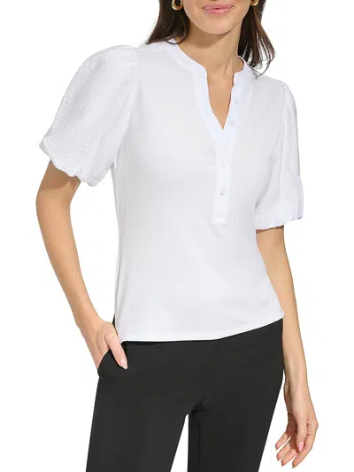 Dkny Puff Sleeve Mixed Media Henley Top In White