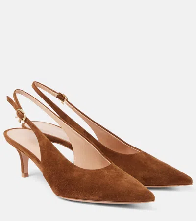 Gianvito Rossi Suede Stiletto Heel Pumps With Ribbon Buckle In Brown