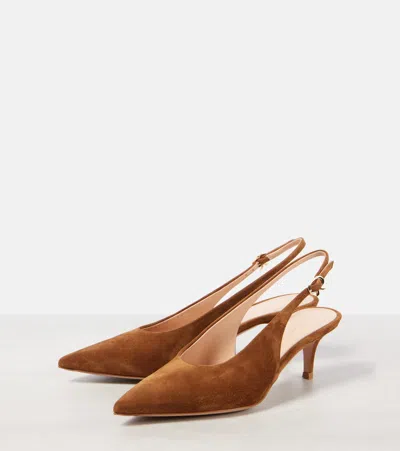 Gianvito Rossi Suede Stiletto Heel Pumps With Ribbon Buckle In Brown