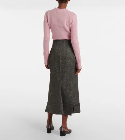 Prada Black/white Wool Weave Midi Skirt In Gray
