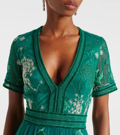 Costarellos Floral Embroidered Gown In Green
