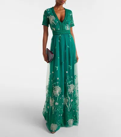 Costarellos Floral Embroidered Gown In Green