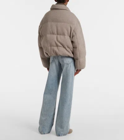 Brunello Cucinelli Cashmere English Rib Knit Down Jacket With Shiny Trims In Grey