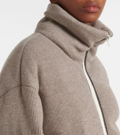 Brunello Cucinelli Cashmere English Rib Knit Down Jacket With Shiny Trims In Grey