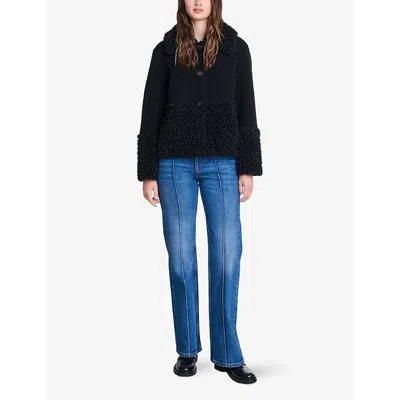 Maje Womens  Collar Long-sleeve Regular-fit Faux-shearling Jacket In Noir / Gris
