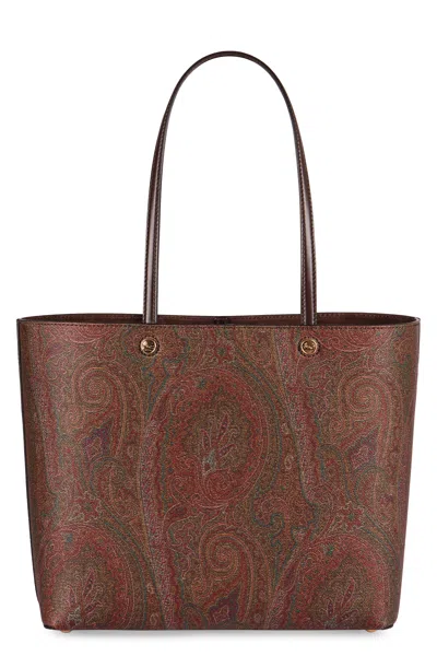 Etro Luxurious Xl Tote Handbag In Brown Leather With Paisley Print For Women In Brown
