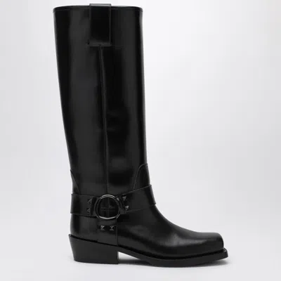Valentino Rockstud Biker Knee-high Leather Boots In Black