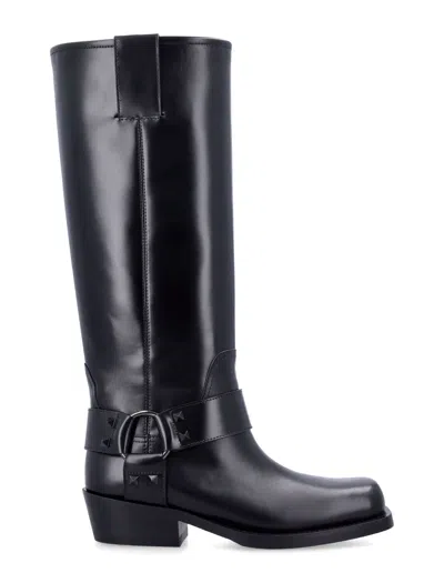 Valentino Rockstud Biker Knee-high Leather Boots In Black
