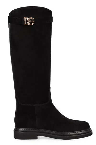 Dolce & Gabbana Dolce  Gabbana Logo Plaque Round Toe Boots In Black