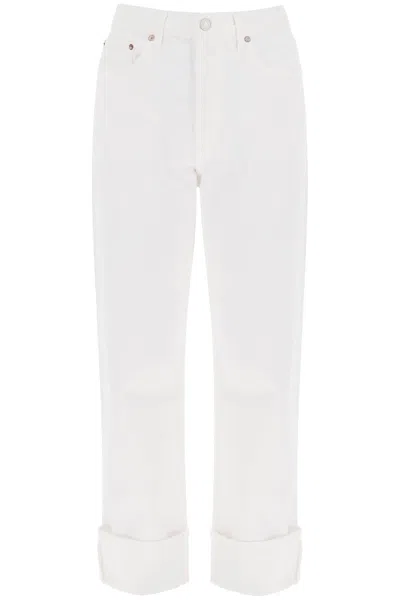 Agolde Fran High Rise Wide Leg Low Slung Cuffed Jeans In Milkshake In Bianco