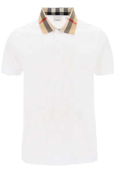 Burberry Check-collar White Polo Shirt With Three-button Placket In White