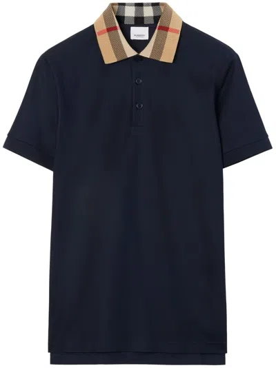 Burberry Cody Polo Shirt With Check Collar In Blue