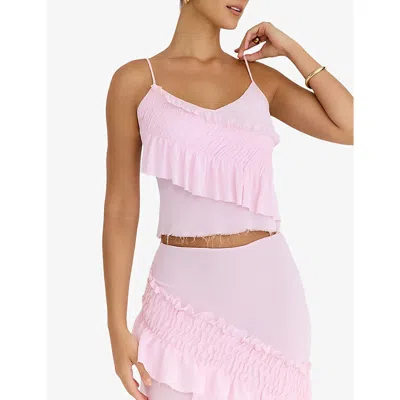 Mistress Rocks Womens Pink Shirred-panel Ruffled-trim Georgette Cami Top In Pink