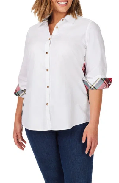 Foxcroft Bennet Plaid Trim Cotton Button-up Shirt In White