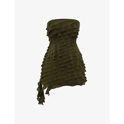 Mistress Rocks Womens Olive Ruffled Asymmetric-hem Georgette Mini Dress In Olive
