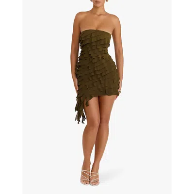 Mistress Rocks Womens Olive Ruffled Asymmetric-hem Georgette Mini Dress In Olive