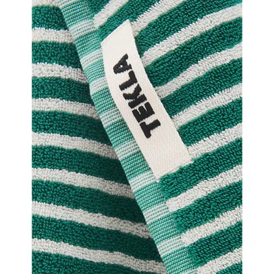 Tekla Teal Green Stripes Bordered Organic-cotton Hand Towel 50cm X 80cm In Teal Green Stripes
