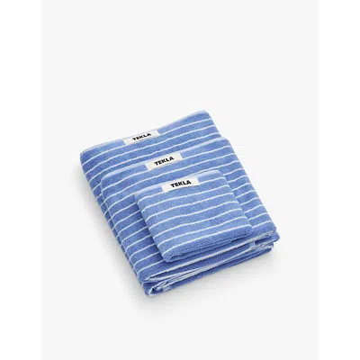 Tekla Clear Blue Stripes Bordered Organic-cotton Hand Towel 50cm X 80cm In Clear Blue Stripes