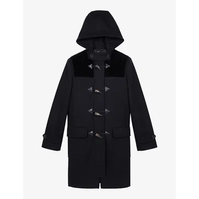 THE KOOPLES WOMENS BLACK PATCH-POCKET HOODED WOVEN DUFFLE COAT 