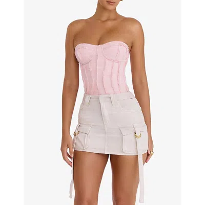 Mistress Rocks Womens White Flap-pocked Faded-wash Denim-blend Mini Skirt In White