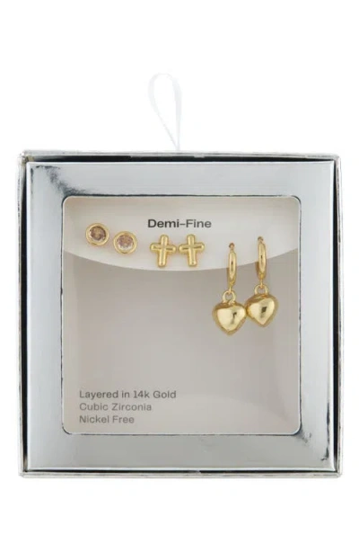 Nordstrom Rack Set Of 3 Demi Fine Heart Earrings In Clear- Gold