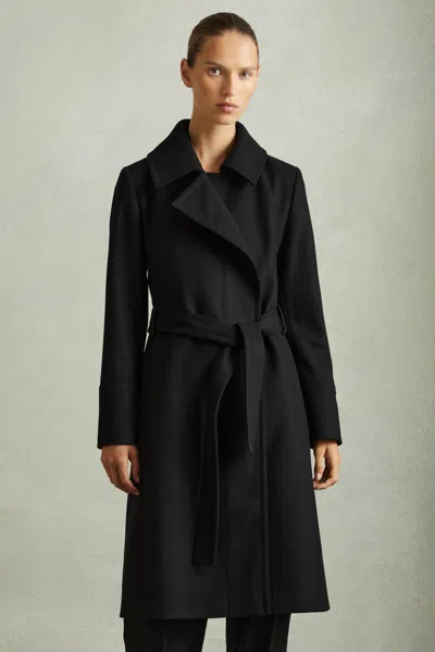 Reiss Black Rae Petite Wool Blend Belted Double Breasted Coat With Cashmere In Black