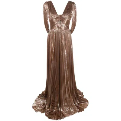 Iris Serban Lara Pleated Silk Dress In Gold/metallic
