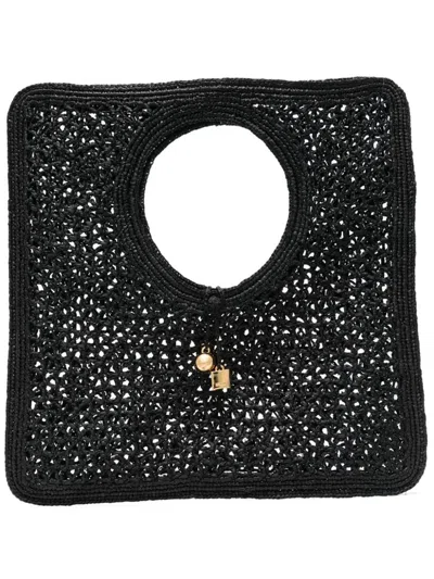 Jacquemus Carre Spiaggia Embellished Braided Raffia Tote In Black