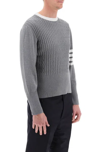 Shop Thom Browne Placed Baby Cable 4-bar Cotton Sweater In Grey