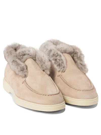 Santoni Faux Fur Trim Ankle Boots With Round Toe In Pink