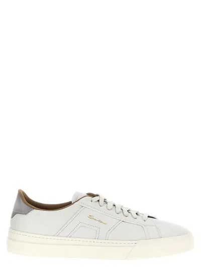 Santoni Tumbled Leather Double Buckle Trainer In White