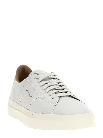 Santoni Tumbled Leather Double Buckle Trainer In White