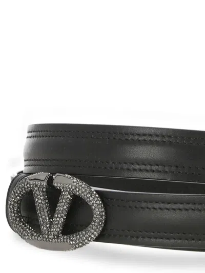 Valentino Leather Belt With Adjustable Length And Embellished Buckle In Black
