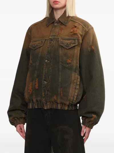 Shop Egonlab Distressed Denim Jacket In Brown