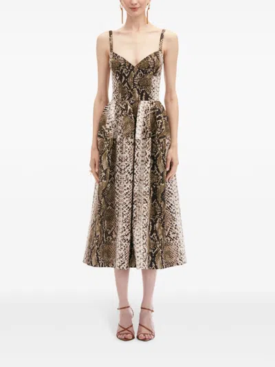 Oscar De La Renta Sleeveless V Neck Snake Print Cotton Dress In Green