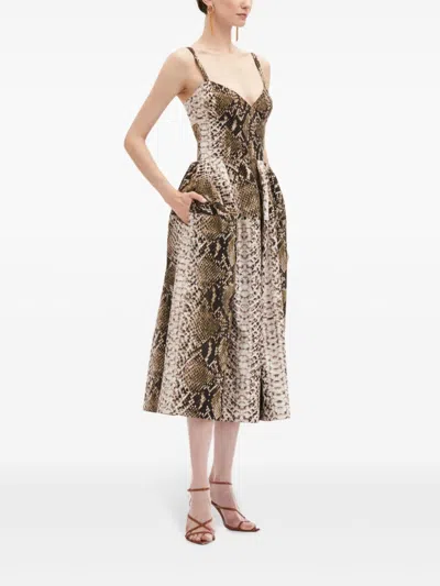 Oscar De La Renta Sleeveless V Neck Snake Print Cotton Dress In Green