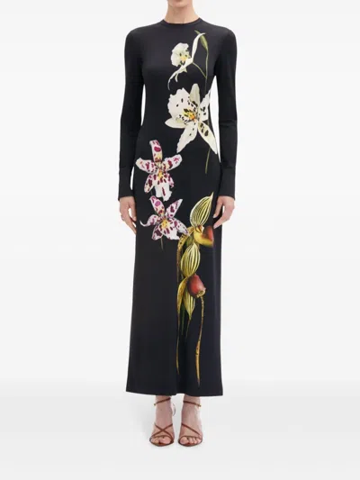 Oscar De La Renta Orchid Long Sleeve Jersey Dress In Blue