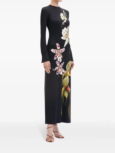 Oscar De La Renta Orchid Long Sleeve Jersey Dress In Blue